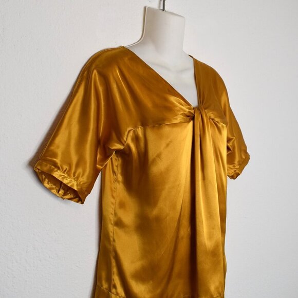 New York & Co Satin Blouse XS Draped Mustard Whimsigoth Holiday Party Cocktail - Picture 7 of 15